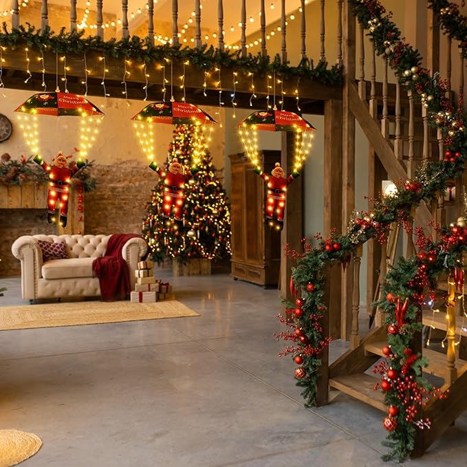 Mikołaj Ze Spadochronem LED 60cm Ozdoba Świąteczna 8 Trybów Dekoracja