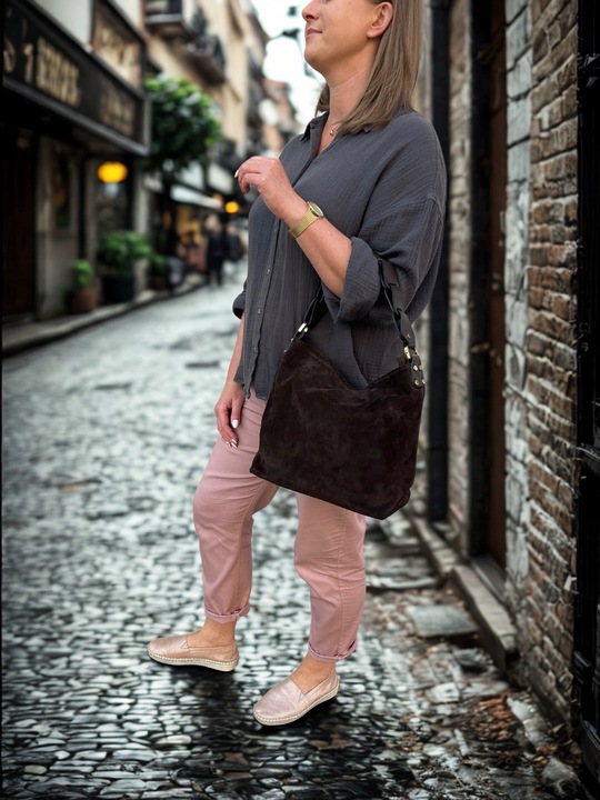 Czekoladowa zamszowa torebka brązowa shopper ZAMSZ NATURALNY Vera Pelle