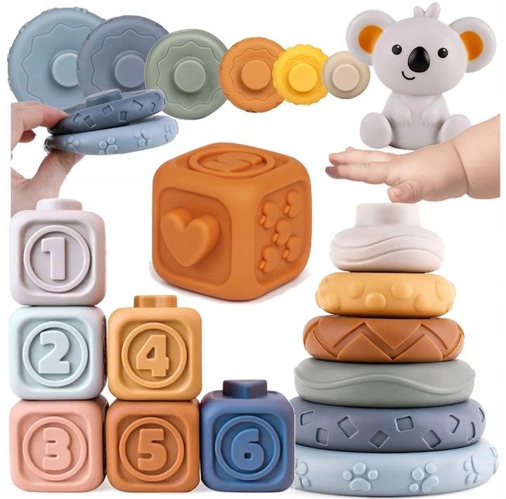 Klocki Sensoryczne Miękkie Gumowe Kreatywne Gryzaki Zestaw Wieża dla Dzieci