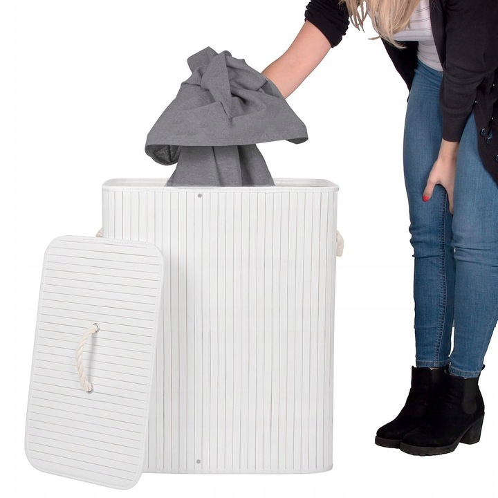 KOSZ BAMBUSOWY NA PRANIE BIELIZNĘ DWUKOMOROWY Z POKRYWĄ POJEMNIK DUŻY 100L