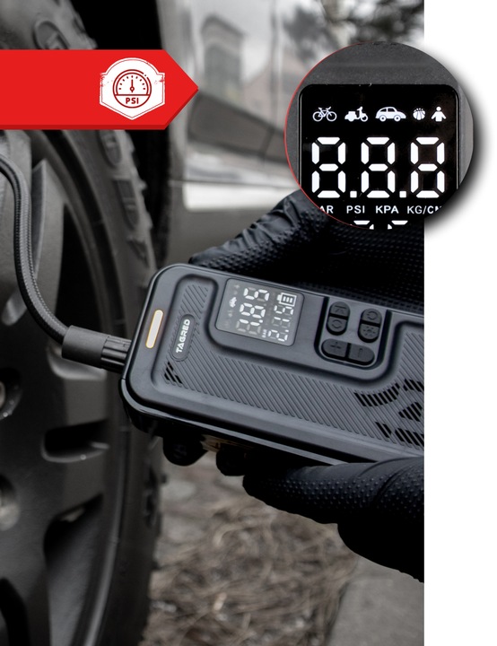KOMPRESOR SAMOCHODOWY Pompka Elektryczna Sprężarka do kół 8V 4000mAh LCD