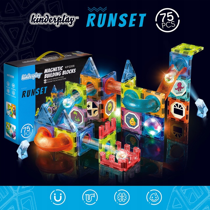 KLOCKI MAGNETYCZNE KONSTRUKCYJNE ŚWIECĄCY TOR PANELE 75 elementów