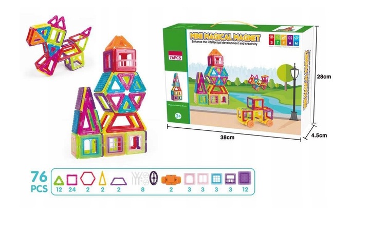 KLOCKI MAGNETYCZNE PANELE NEODYMOWE 76 EL DUŻY ZESTAW EDUKACYJNY DLA DZIECI