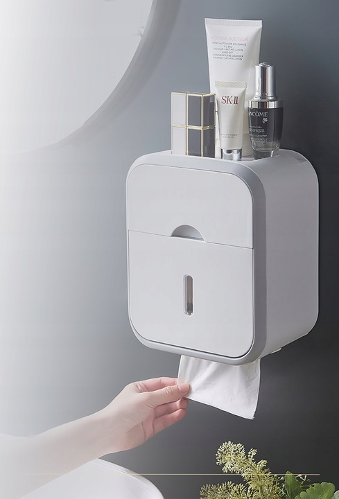 UCHWYT POJEMNIK NA PAPIER TOALETOWY + SZUFLADKA NA CHUSTECZKI PÓŁKA WC