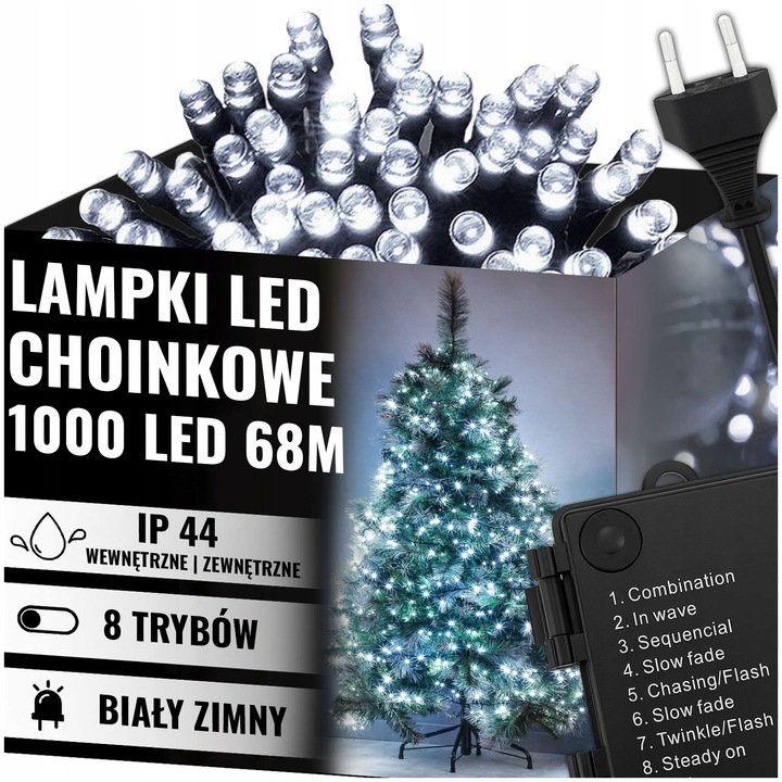 LAMPKI CHOINKOWE ŚWIĄTECZNE 1000LED ZEWNĘTRZNE WEWNĘTRZNE BIAŁE ZIMNE 68M