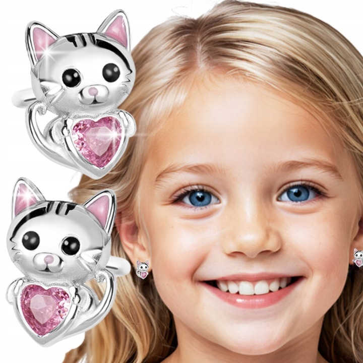 Kolczyki Srebrne Dla Dziewczynki Rodowane Kotki Srebro 925 Sztyfty Serce