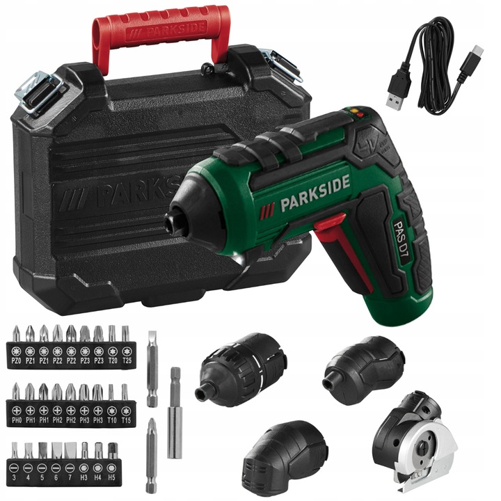 PARKSIDE Wkrętarka akumulatorowa + zestaw nasadek 4w1 i akcesoria PAS D7