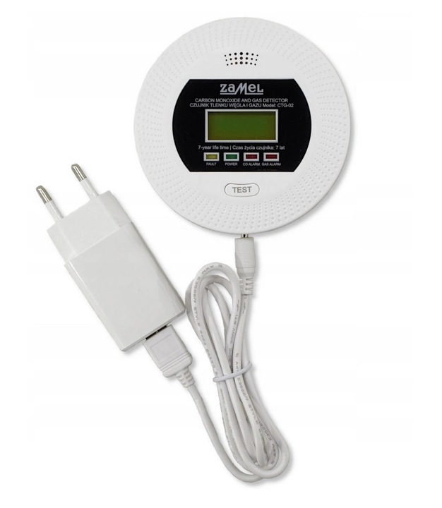 Czujnik Czadu CO Gazu LPG Tlenku Węgla Detektor 2w1 230V Alarm 90 dB ZAMEL