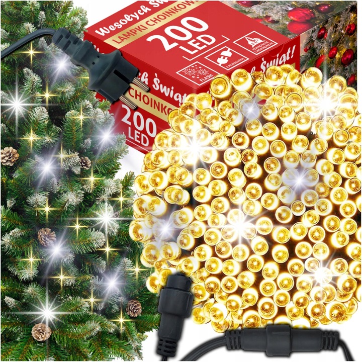 LAMPKI CHOINKOWE BIAŁY CIEPŁY 200 LED FLASH GRUBE WEW/ZEW 15M NA CHOINKĘ