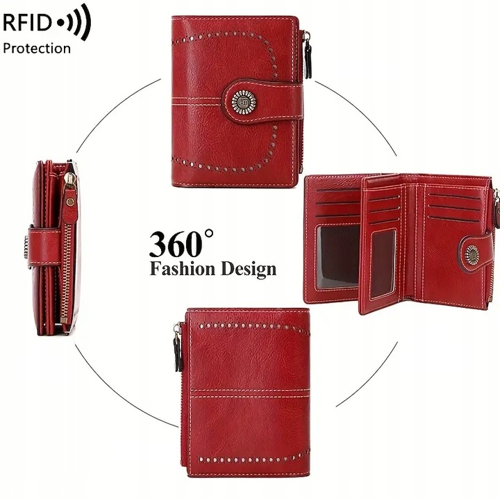 PORTFEL DAMSKI ELEGANCKI MAŁY POJEMNY NA KARTY RFID Z PASKIEM CZERWONY