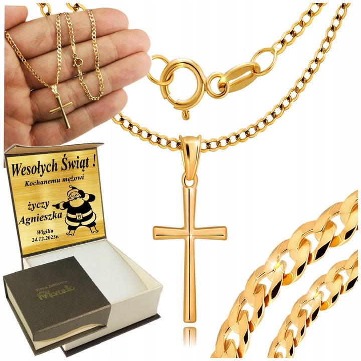 ZŁOTY PEŁNY ŁAŃCUSZEK MĘSKI PANCERKA Z KRZYŻYKIEM 925/585 SREBRO GRAWER