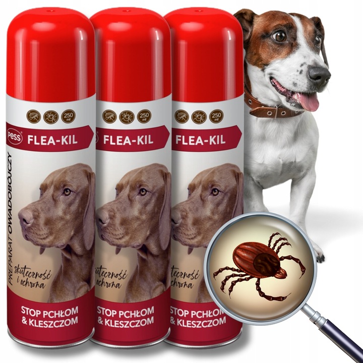 SPRAY NA PCHŁY I KLESZCZE dla PSA ROBAKI OWADY OWADOBÓJCZY 250 ml x 3