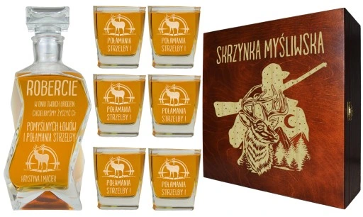 KARAFKA + 6 SZKLANEK DO WHISKY W PUDEŁKU Z GRAWEREM PREZENT DLA MYŚLIWEGO
