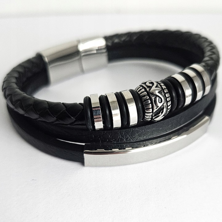 BRANSOLETKA MĘSKA SKÓRZANA SKÓRA GRAWER GRATIS SREBRNA REGULOWANA 21-24CM!