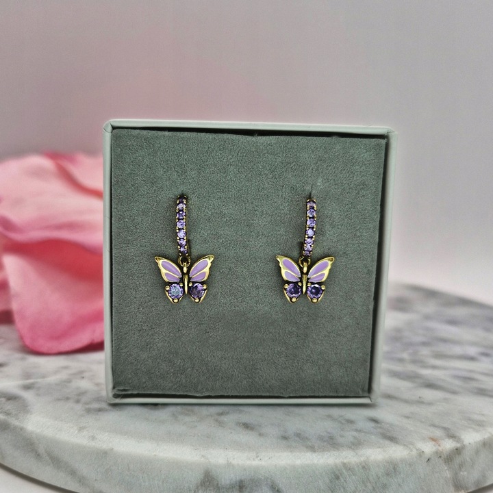 KOLCZYKI SREBRNE ZŁOCONE DZIECIĘCE MOTYLKI WISZĄCE CYRKONIE SREBRO 925