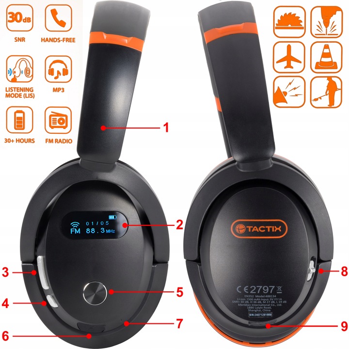 SŁUCHAWKI NAUSZNIKI OCHRONNE RADIO, BLUETOOTH 5,3 TELEFON HANDS-FREE TACTIX
