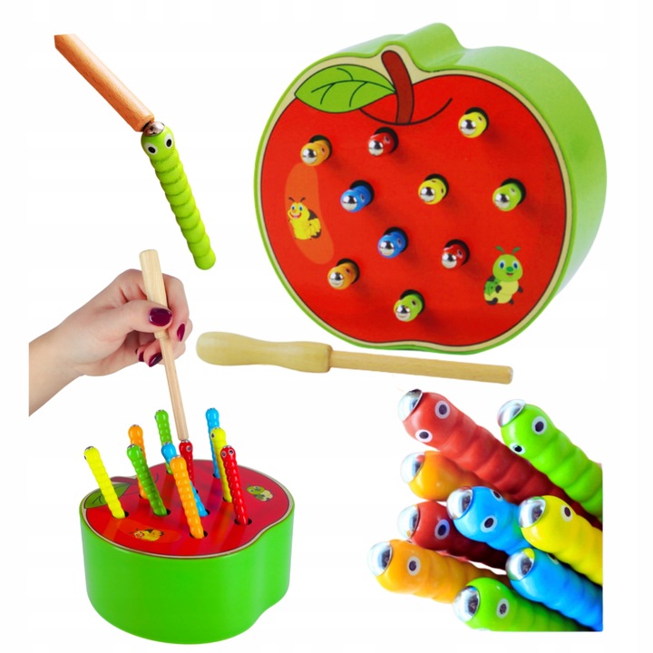 Złap Robaczka Gra Zręcznościowa Magnetyczna Drewniane Jabłko Montessori