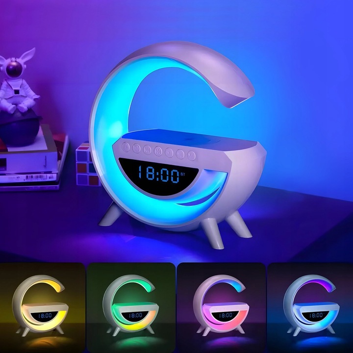 Lampka nocna biurkowa 6w1 | Zegar | Budzik | Radio | Ładowarka | Głośnik