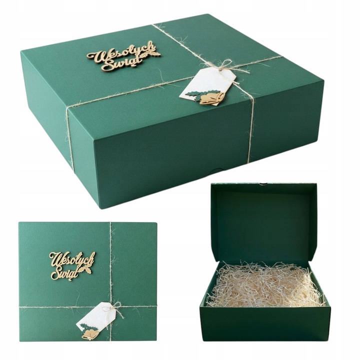 Pudełko prezentowe na prezent Święta zielone napis drewniany wypełnienie