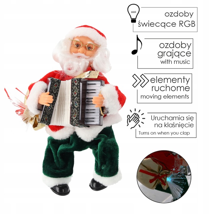 MIKOŁAJ Z AKORDEONEM - GRAJĄCY LED 25,5 CM OZDOBA BOŻONARODZENIOWA