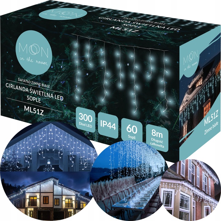 LAMPKI CHOINKOWE ŚWIĄTECZNE SOPLE Z EFEKTEM FLASH ZEWNĘTRZNE 8M 300 LED