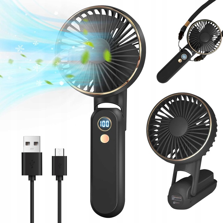 WENTYLATOR RĘCZNY MINI SKŁADANY 5 PRĘDKOŚCI NAWIEWU I 180° PRZENOŚNY CZARNY