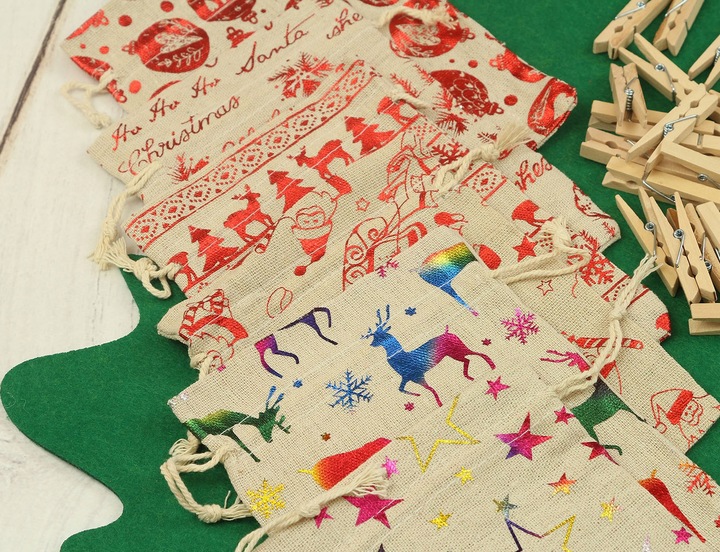 KALENDARZ ADWENTOWY dla DZIECI wiszący WORECZKI 12/16 cm DIY ZESTAW 73 el.