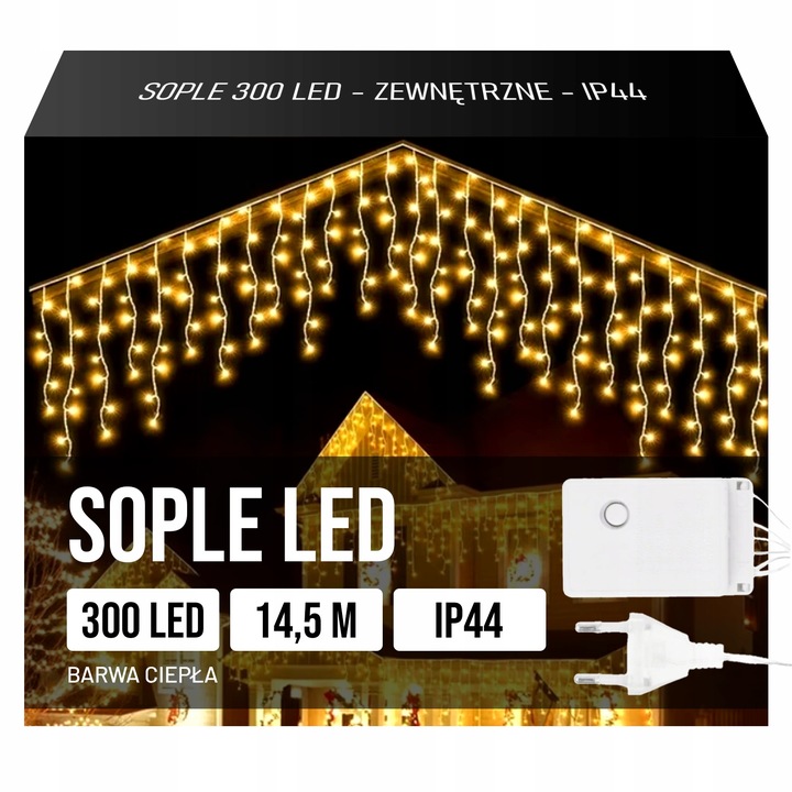 Lampki Sople Białe Choinkowe Świąteczne Zewnętrzne Ciepłe Blask 300 Led