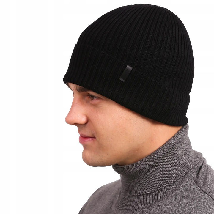 Czapka zimowa męska ciepła klasyczna CZARNA wełna MERINO na zimę 55-60