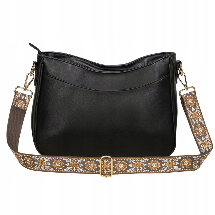 Torebka Damska Czarna Elegancka Pojemna na Ramię Pasek Brązowy