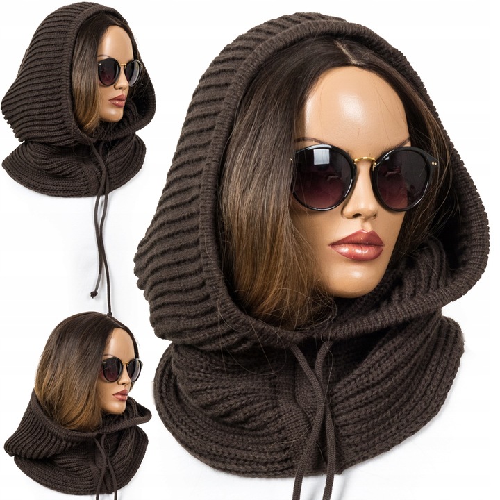 BRĄZOWY KAPTUR BALACLAVA CZAPKA DAMSKA CIEPŁA z WEŁNĄ czekoladowy PREMIUM