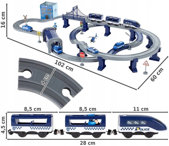 KOLEJKA ELEKTRYCZNA TORY POJAZDY MOSTY DOMKI POCIĄG WAGONY 92 elementów