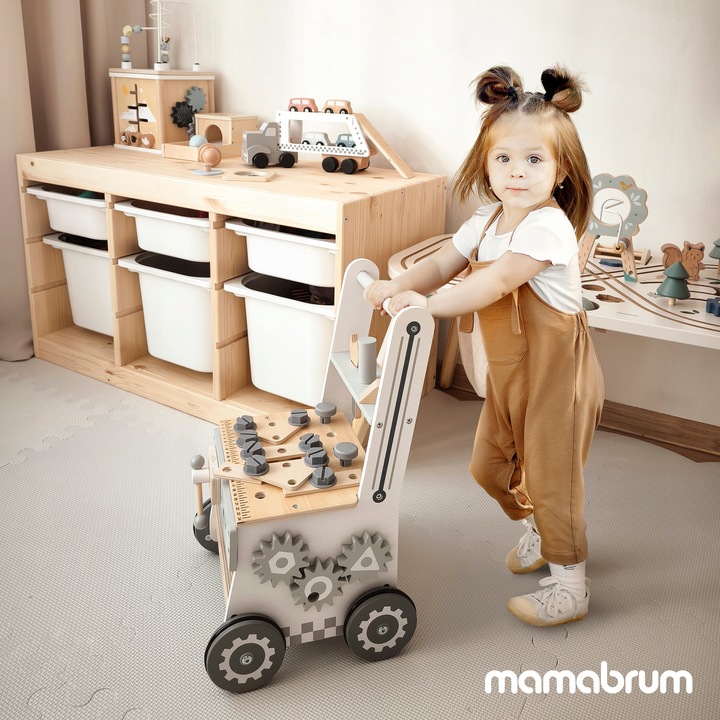 Drewniany Warsztat Dla Dzieci 3w1 Chodzik Pchacz Wózek 47 elementów Solidny