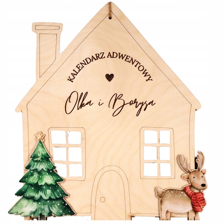 KALENDARZ ADWENTOWY Z IMIENIEM BAZA DREWNIANA Dekoracje Świąteczne DOMEK