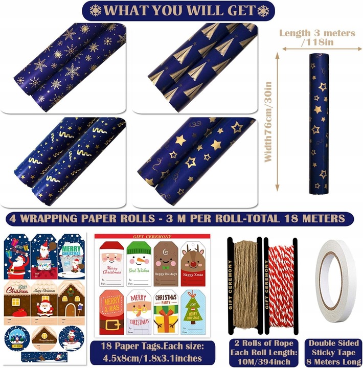 Papier prezentowy świąteczny do pakowania prezentów 4 rolki 76cmx3m