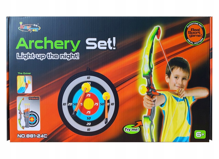 ŁUK ŚWIECĄCY LED +TARCZA DUŻY ZESTAW Z TARCZĄ DLA DZIECI STRZELANIE DO CELU
