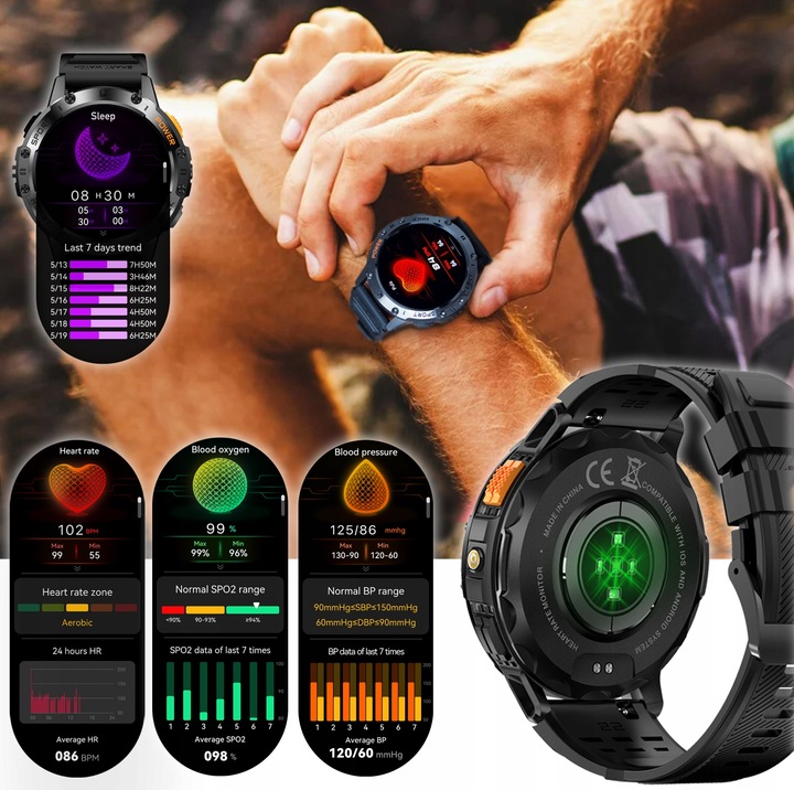 Zegarek Męski Smartwatch AMOLED IP68 530mAh Pomiary Rozmowy SMS Latarka PL