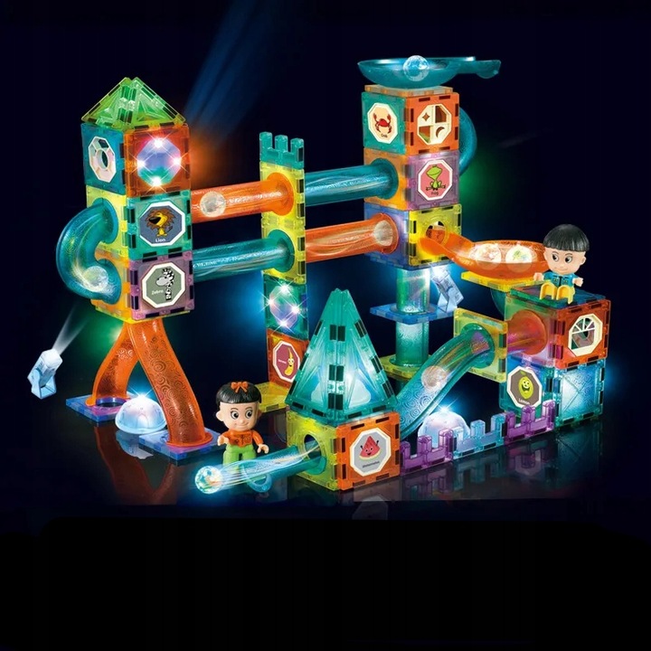 DUŻE KLOCKI MAGNETYCZNE KONSTRUKCYJNE ŚWIECĄCY TOR KULKOWY 75 ELEMENTÓW