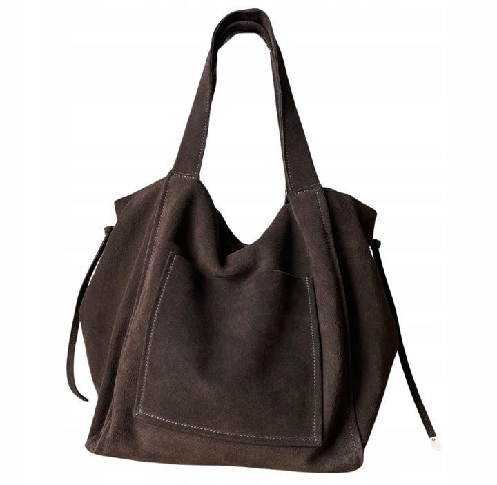 Czekoladowa zamszowa torebka shopper worek XL ZAMSZ NATURALNY Vera Pelle A4