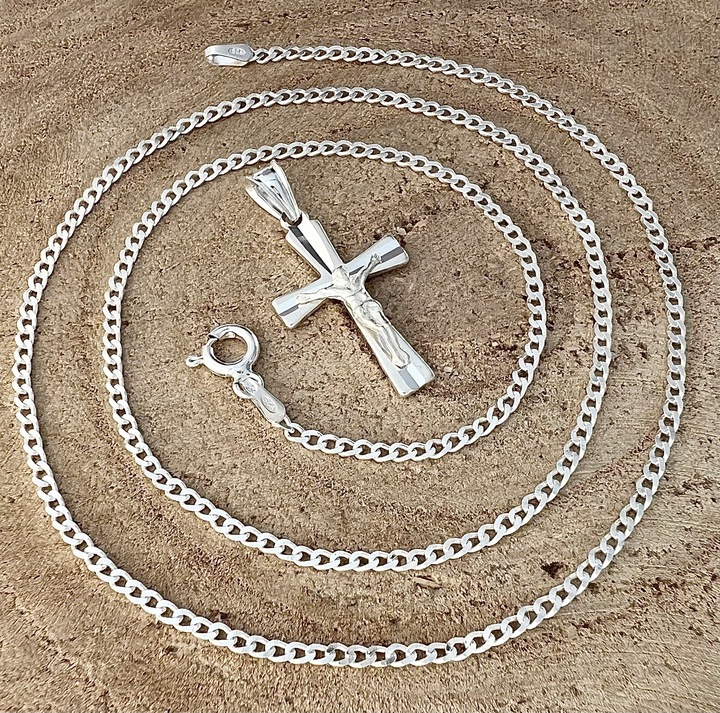 Łańcuszek srebrny 925 pancerka 45cm i krzyżyk prezent komunijny dla chłopca