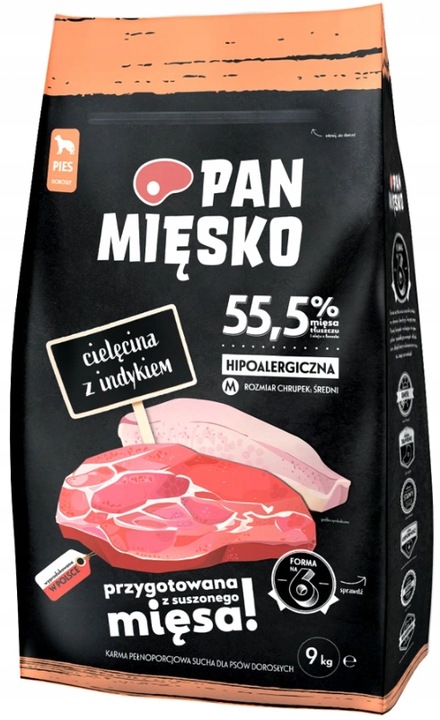 Pan Mięsko Karma sucha dla psa CIELĘCINA INDYK WARZYWA Średnie rasy M 9kg
