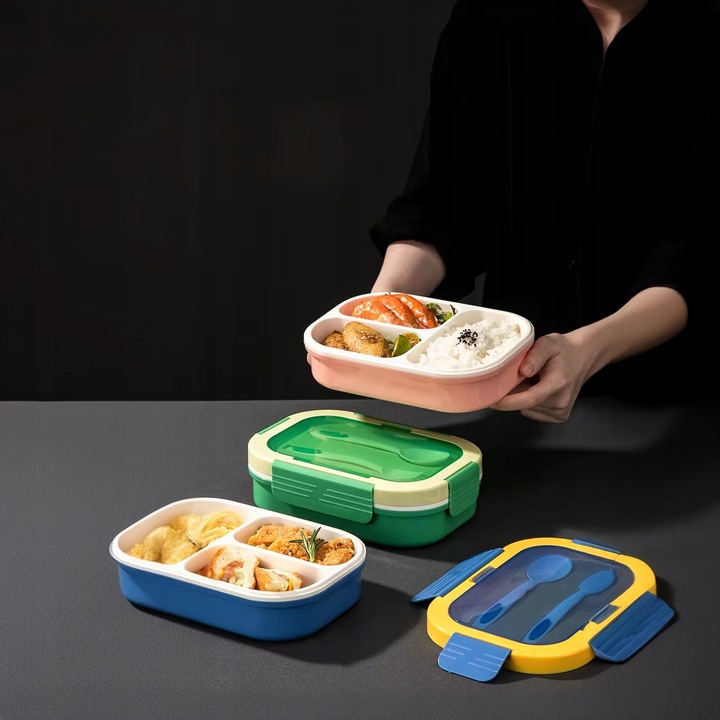 LUNCH BOX ŚNIADANIÓWKA LUNCHBOX 3 PRZEGRÓDKI SZTUĆCE POJEMNIK BOX DO SZKOŁY