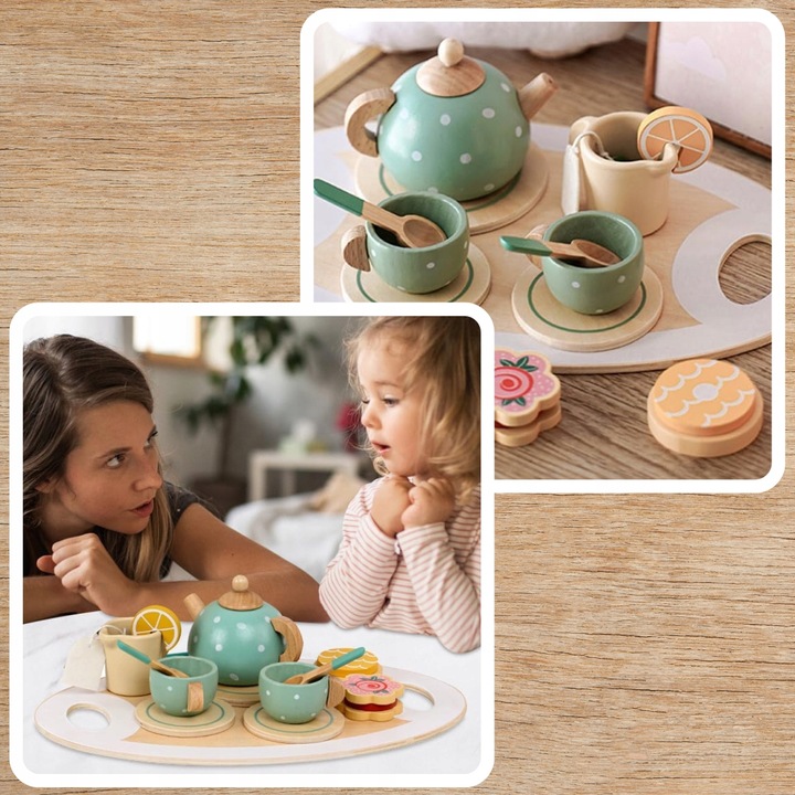 ZESTAW DO HERBATY KAWY DLA DZIECI DREWNIANY SERWIS KAWOWY DO ZABAWY PREZENT