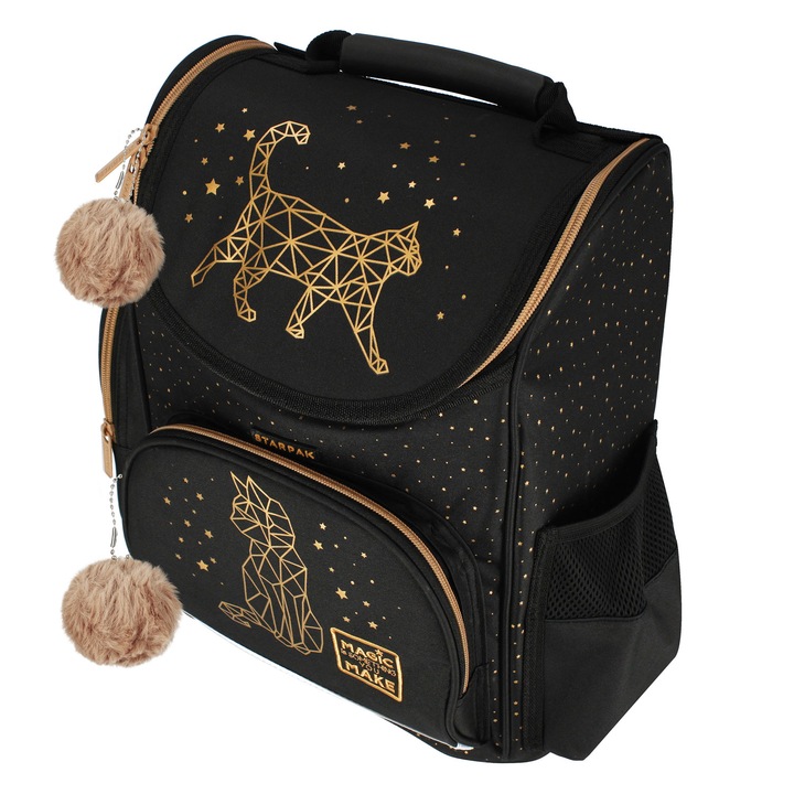 TORNISTER SZKOLNY PLECAK DLA DZIEWCZYNKI KOTEK CZARNY ZŁOTY WOREK PIÓRNIK