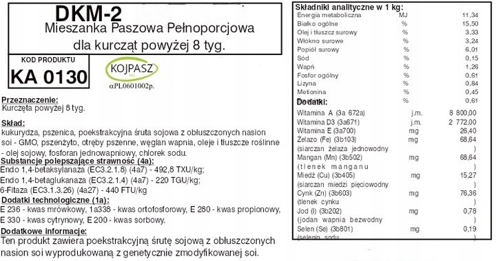 PASZA DLA KURCZĄT DKM-2 OD 8 TYGODNIA ŻYCIA 25KG KOJPASZ KARMA DLA KUR GMP+