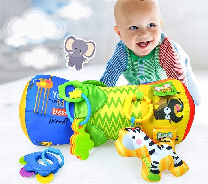 WAŁEK do RACZKOWANIA poduszka dla niemowląt WALEC grzechotki gryzak metki