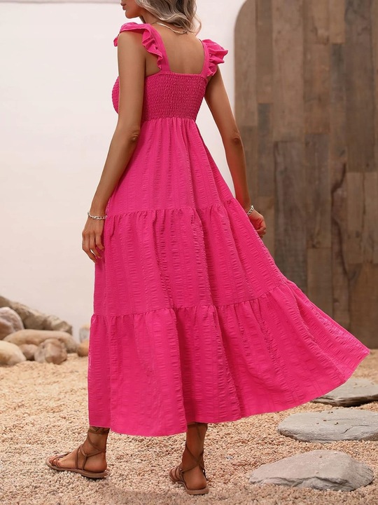 LETNIA SUKIENKA LUŹNA CODZIENNA MAXI RÓŻOWA MARSZCZENIA KOBIECA NA PLAŻĘ