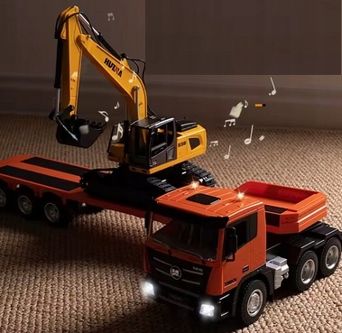 OGROMNA CIĘŻARÓWKA Z PRZYCZEPĄ SAMOCHÓD LAWETA KOPARKA RC 2x PILOT 1319