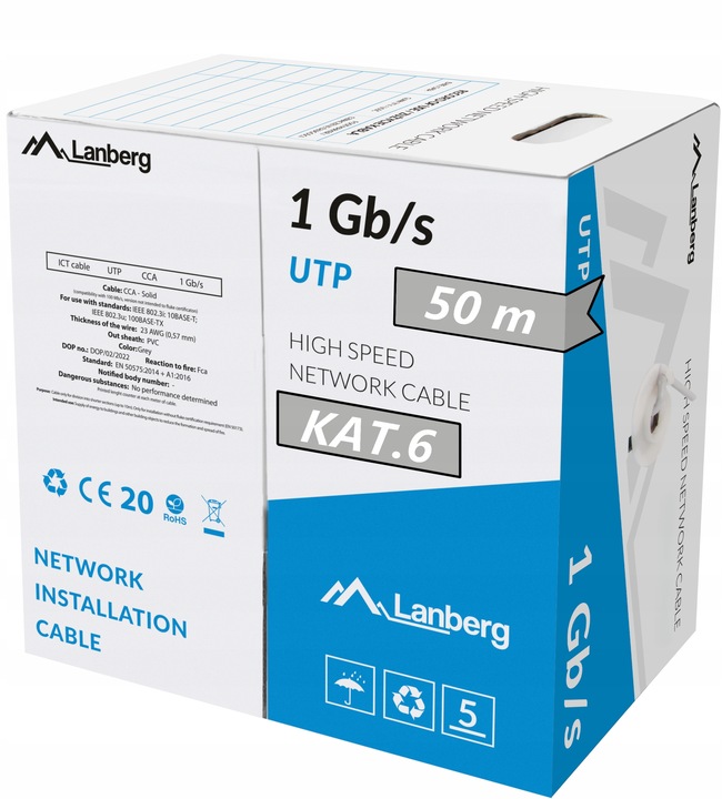 KABEL PRZEWÓD SIECIOWY LAN SKRĘTKA RJ45 UTP KAT.6 CAT.6 50M LANBERG