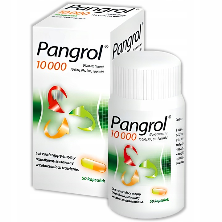 Pangrol 10000 j.Ph.Eur. lipazy, 50kaps. uzupełnianie enzymów trzustkowych